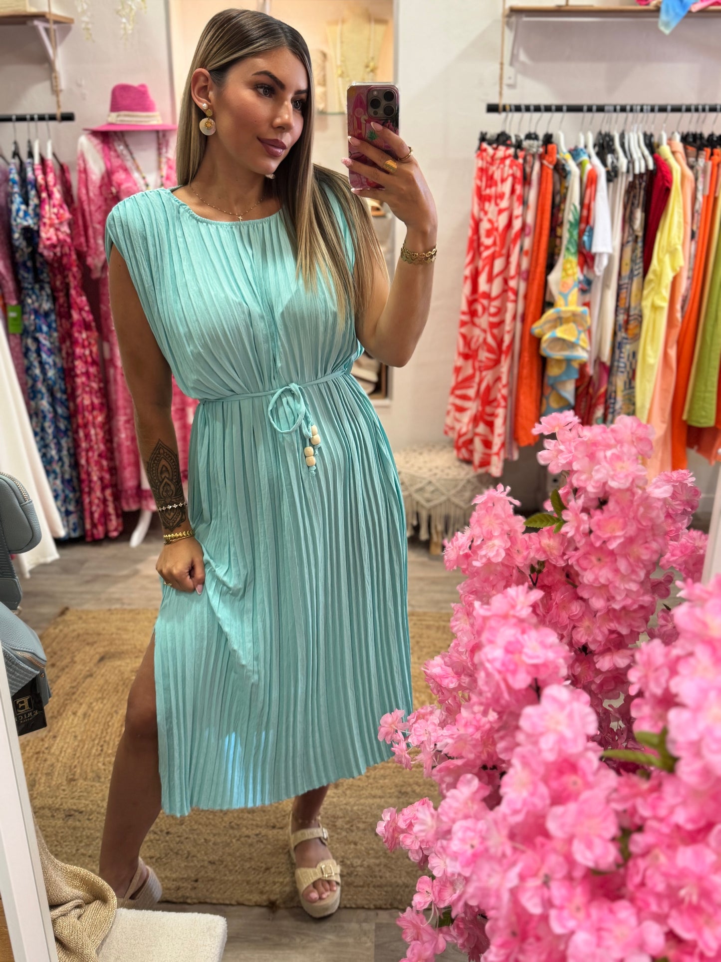 ROBE PLISSÉ - BLEU TURQUOISE