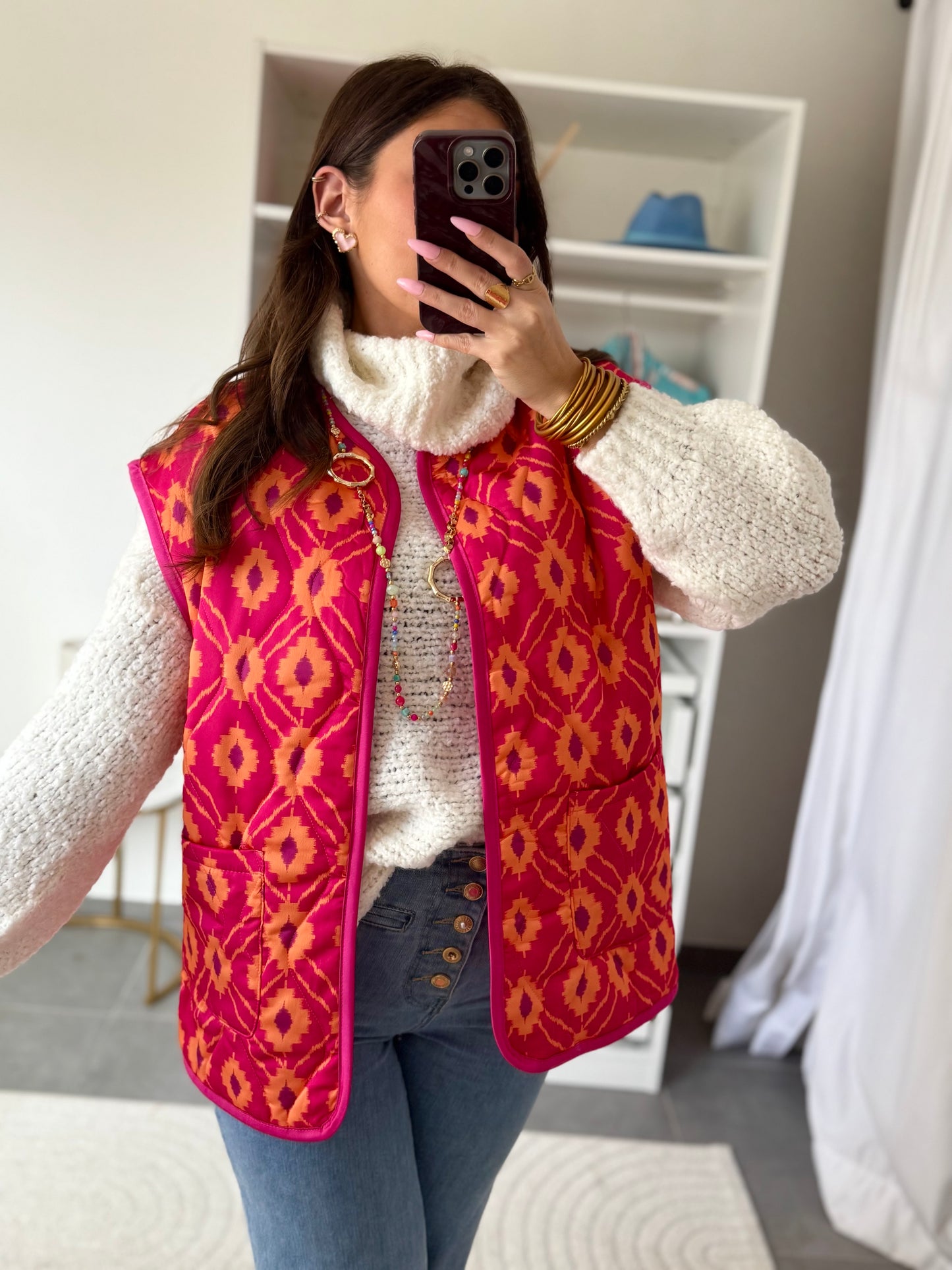 GILET SANS MANCHES MATELASSÉS AZTÈQUE FUSHIA