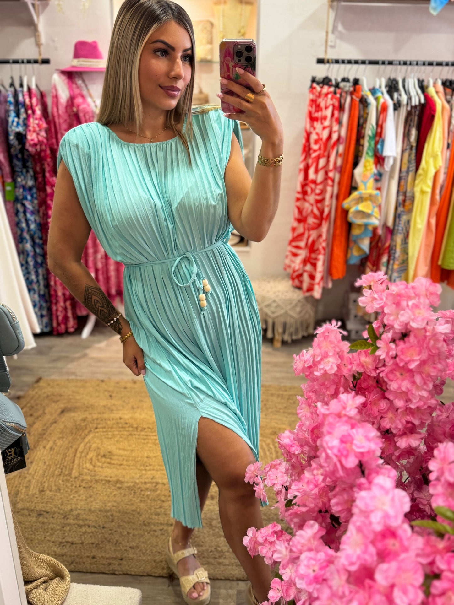 ROBE PLISSÉ - BLEU TURQUOISE