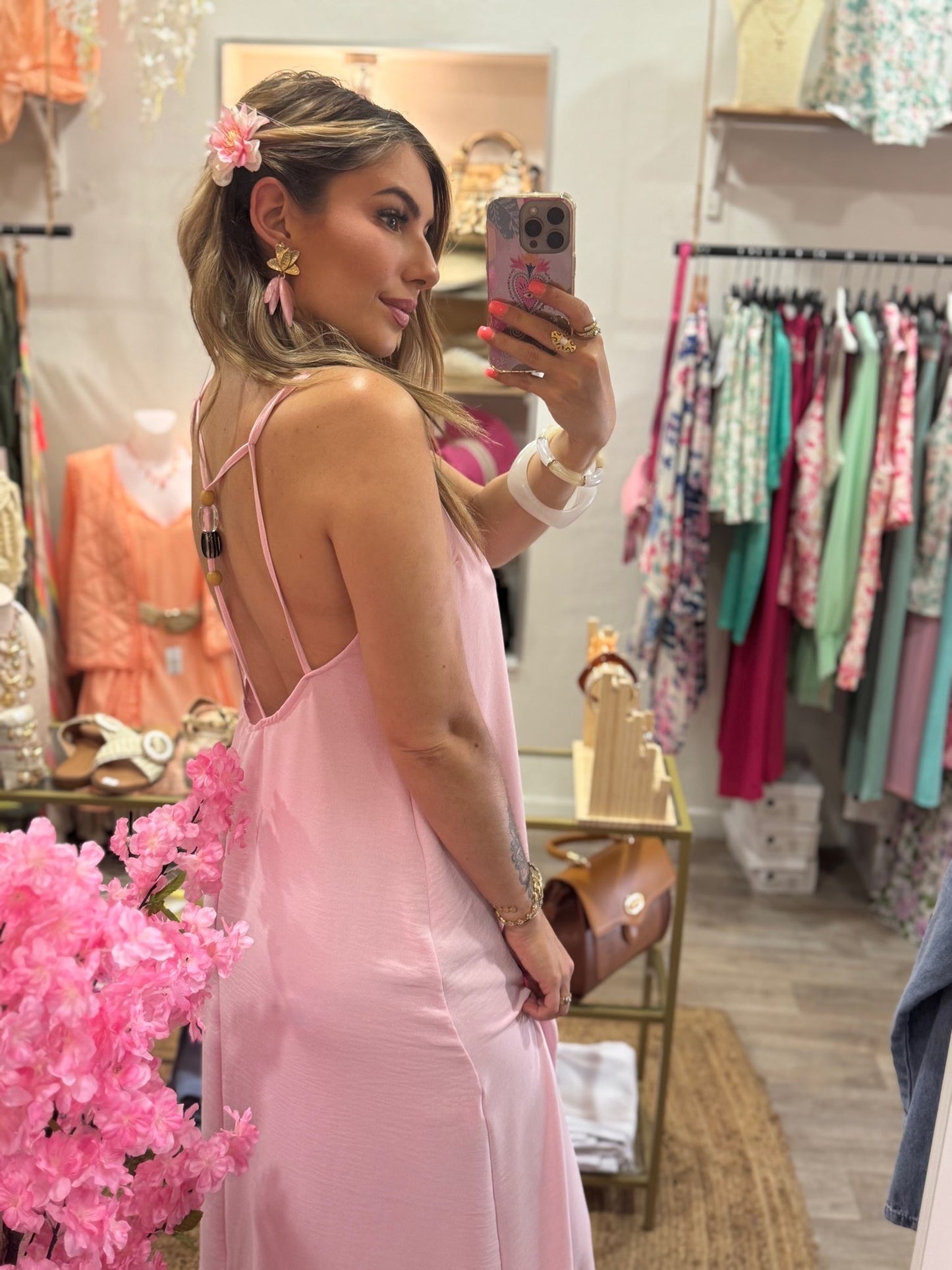 ROBE PERLÉ DOS NU - ROSE