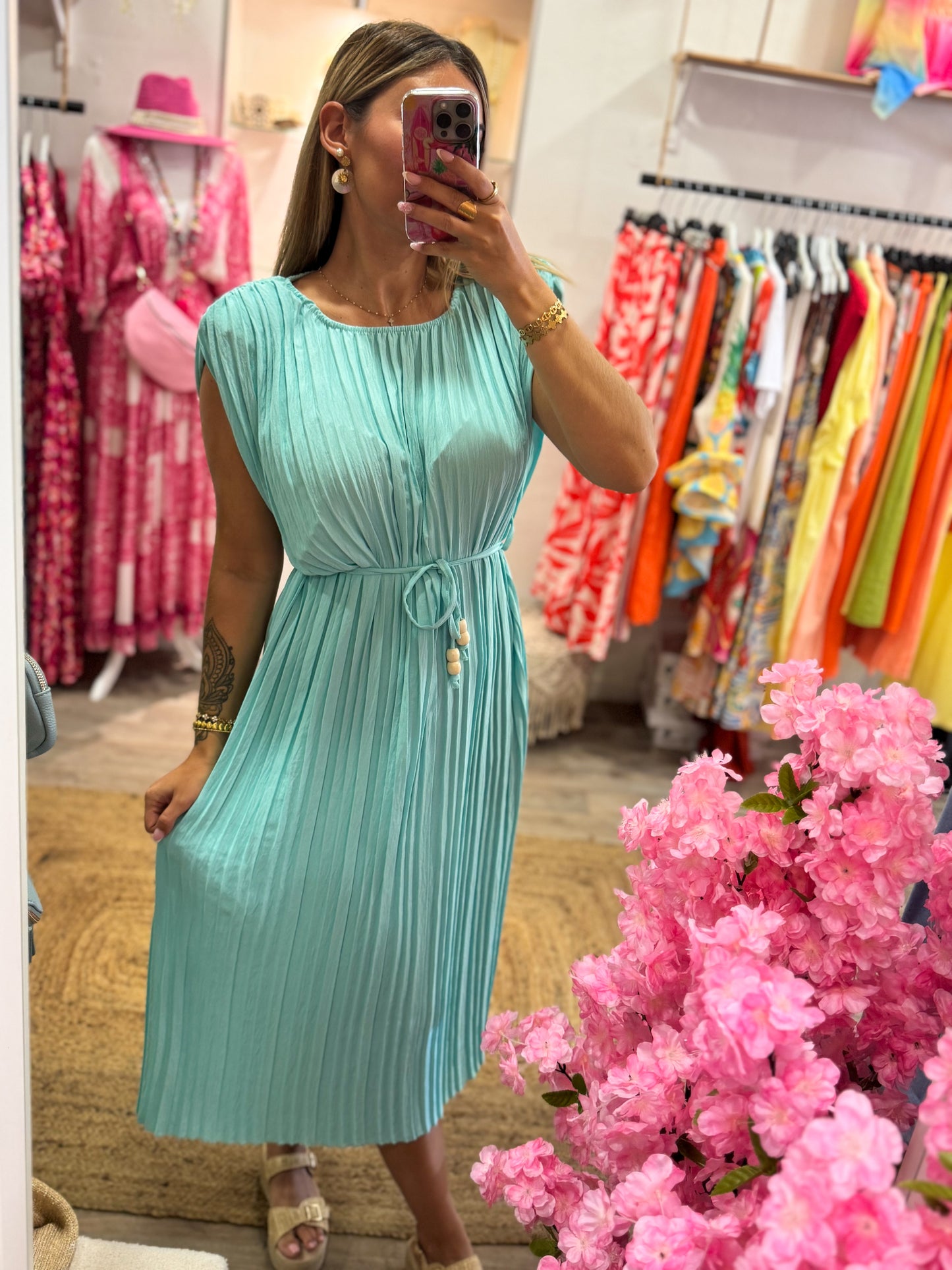 ROBE PLISSÉ - BLEU TURQUOISE