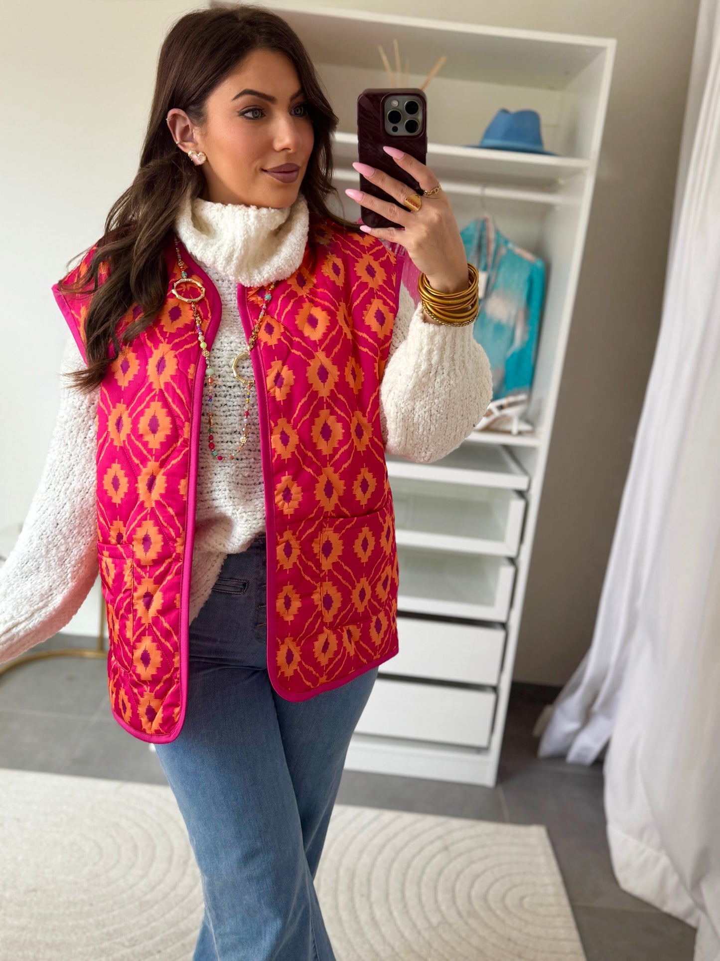 GILET SANS MANCHES MATELASSÉS AZTÈQUE FUSHIA
