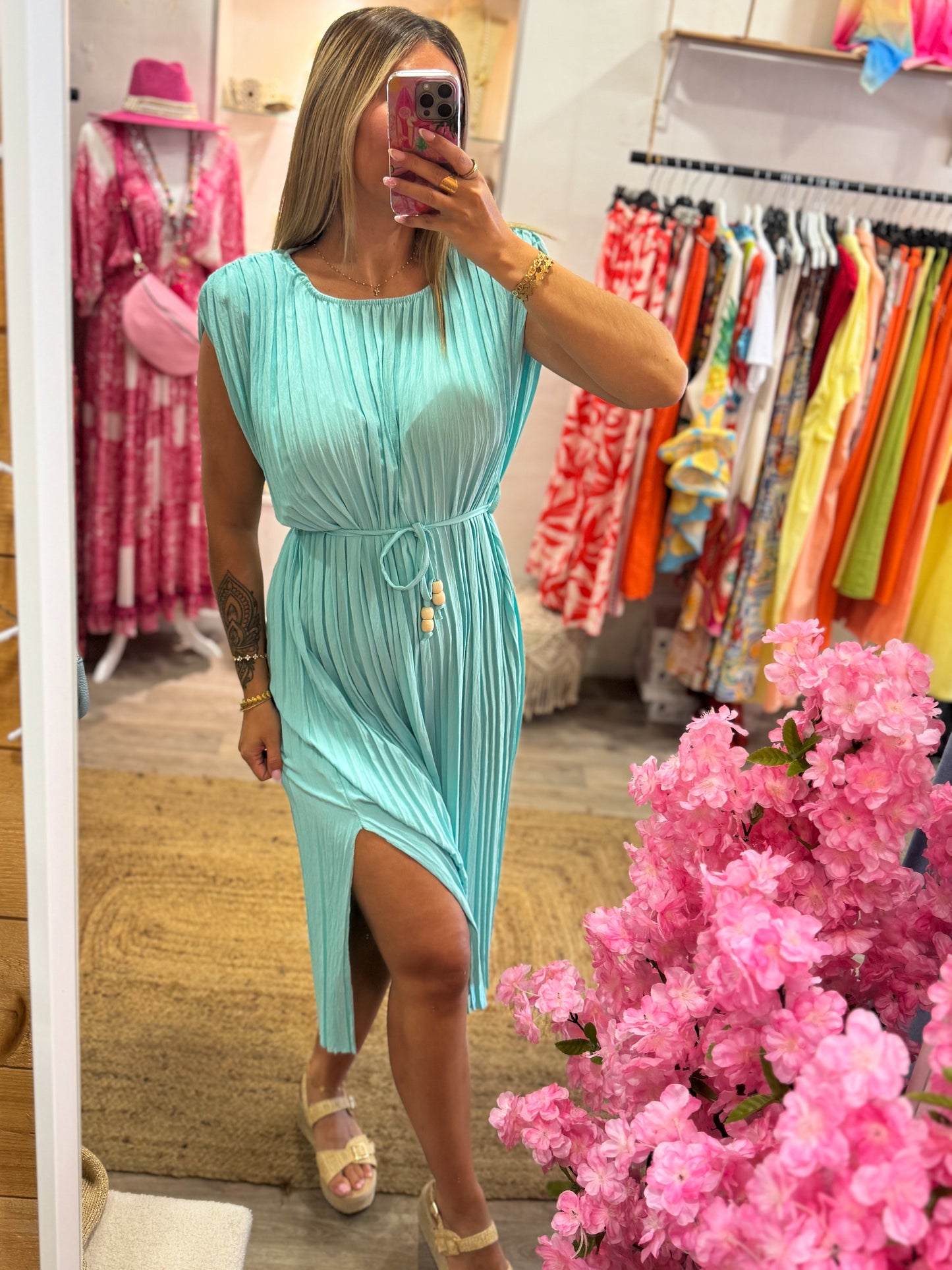 ROBE PLISSÉ - BLEU TURQUOISE