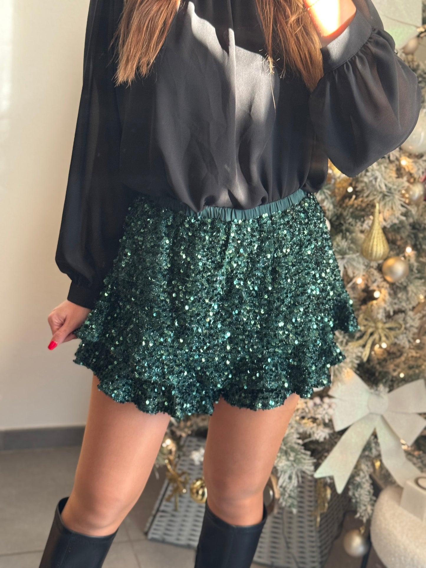 JUPE-SHORT STRASS VERT ÉMERAUDE