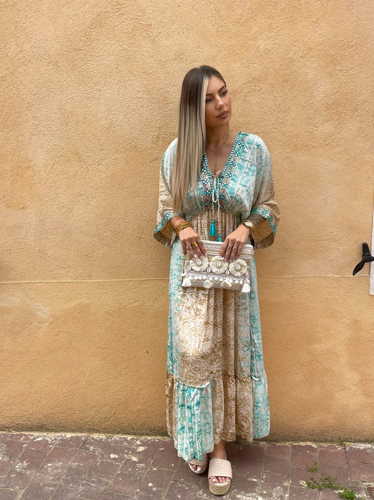 ROBE BOHEME TURQUOISE EN SOIE