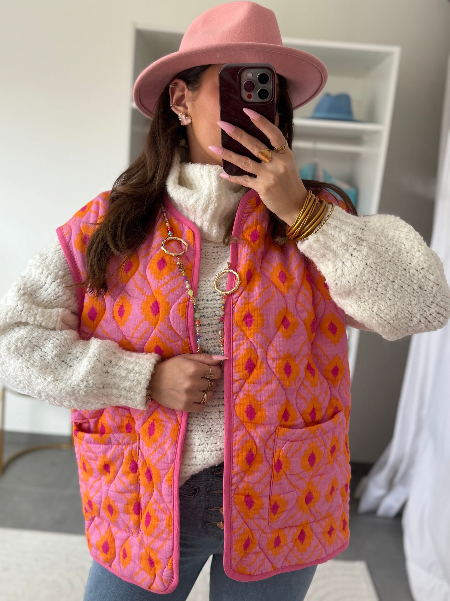 GILET SANS MANCHES AZTÈQUE ROSE ORANGE