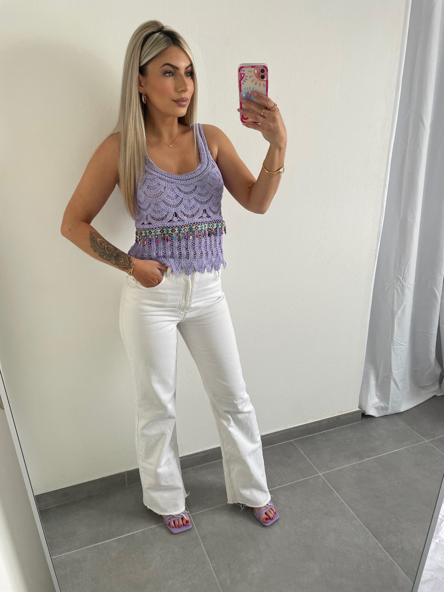 TOP A BRODERIE & COQUILLAGES LILAS