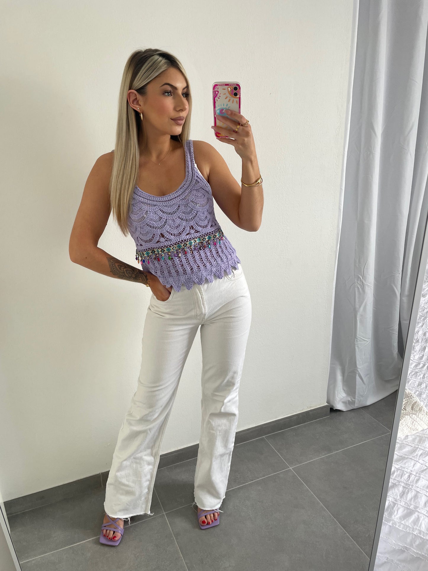 TOP A BRODERIE & COQUILLAGES LILAS