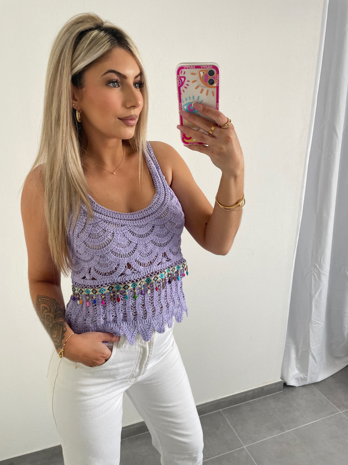 TOP A BRODERIE & COQUILLAGES LILAS