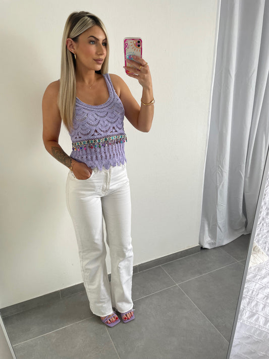 TOP A BRODERIE & COQUILLAGES LILAS